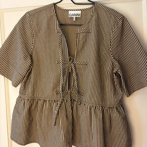 Ganni Black and Tan Striped Tie-Front Peplum Top